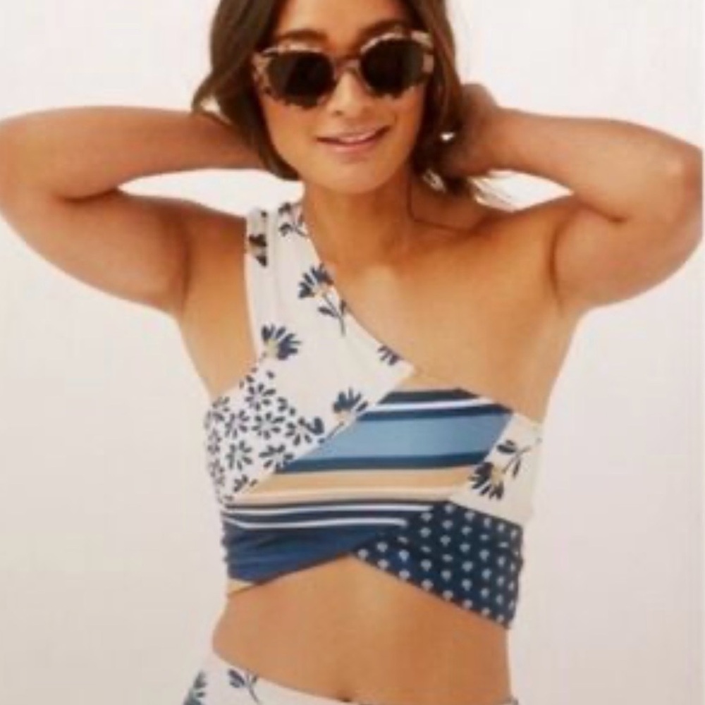 NANI nwt safari patchwork crop swim Top - Blue & Cream medium m